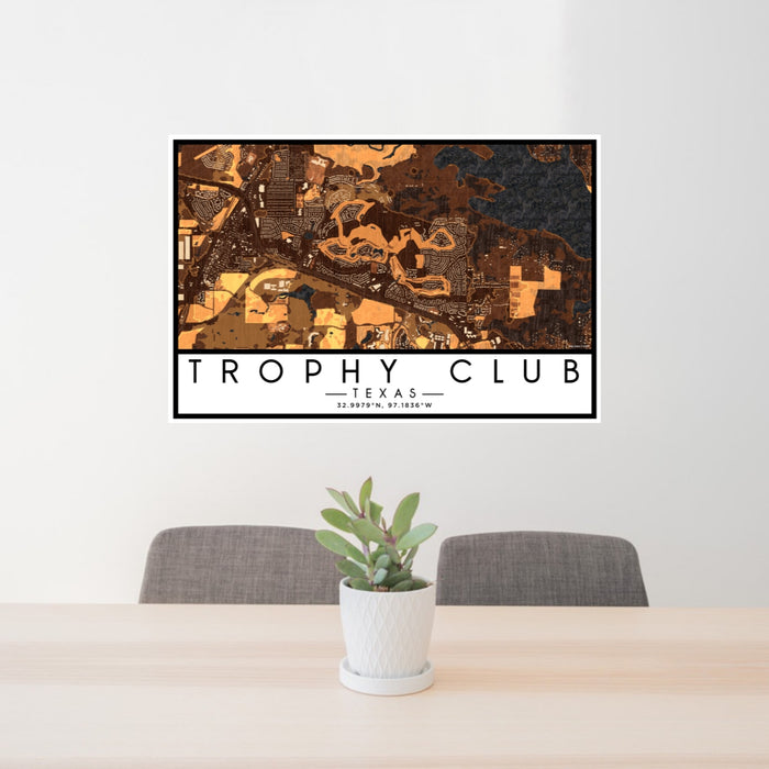 24x36 Trophy Club Texas Map Print Lanscape Orientation in Ember Style Behind 2 Chairs Table and Potted Plant