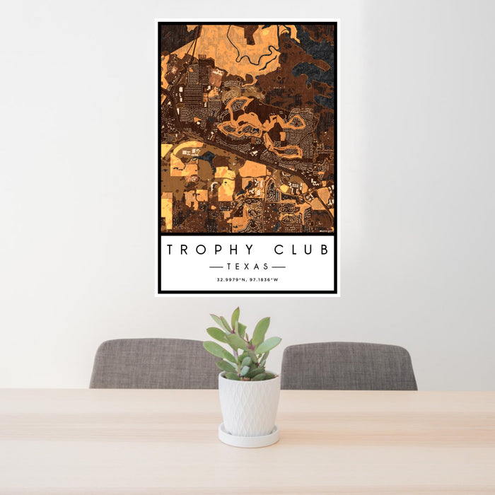 24x36 Trophy Club Texas Map Print Portrait Orientation in Ember Style Behind 2 Chairs Table and Potted Plant