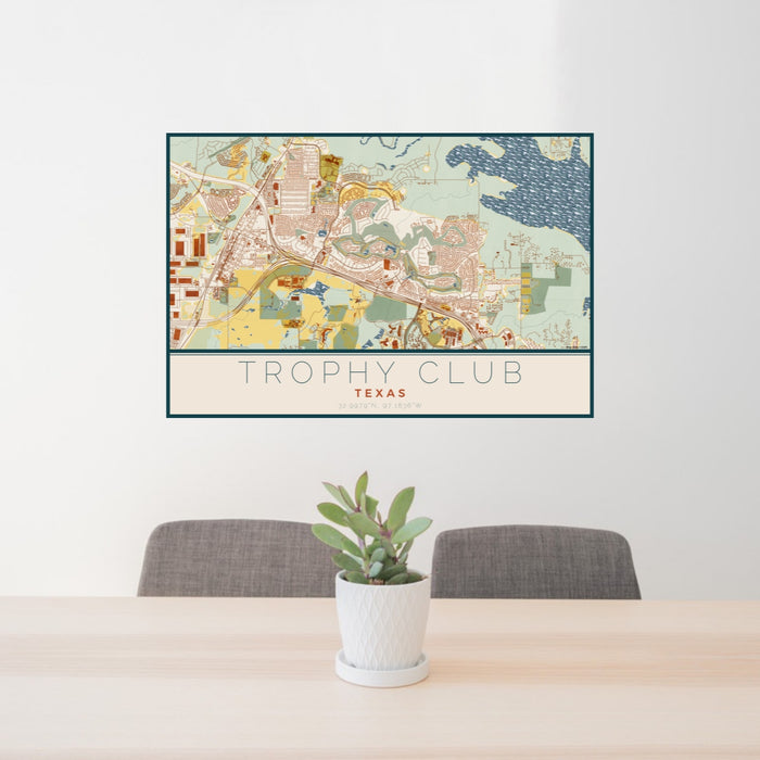 24x36 Trophy Club Texas Map Print Lanscape Orientation in Woodblock Style Behind 2 Chairs Table and Potted Plant