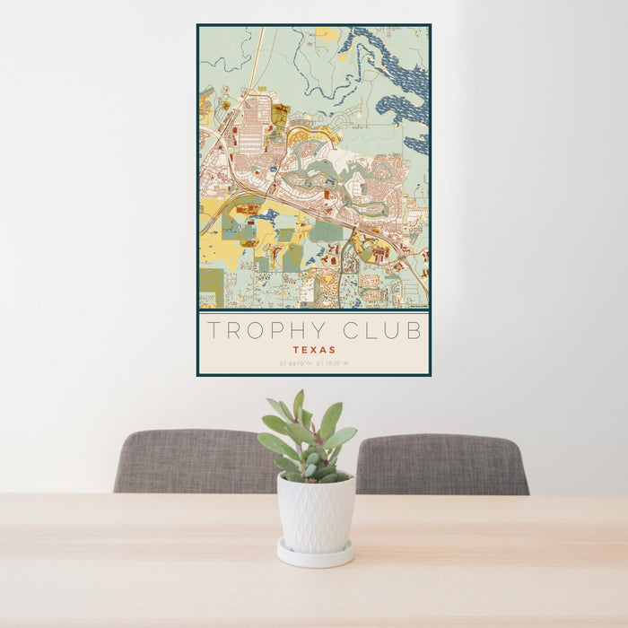 24x36 Trophy Club Texas Map Print Portrait Orientation in Woodblock Style Behind 2 Chairs Table and Potted Plant