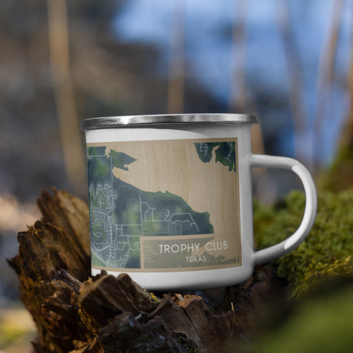 Right View Custom Trophy Club Texas Map Enamel Mug in Afternoon on Grass With Trees in Background