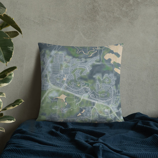 Custom Trophy Club Texas Map Throw Pillow in Afternoon on Bedding Against Wall