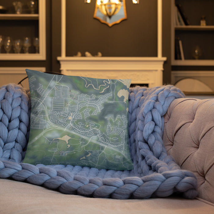 Custom Trophy Club Texas Map Throw Pillow in Afternoon on Cream Colored Couch