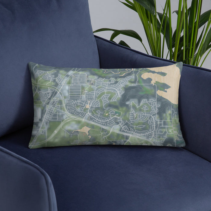 Custom Trophy Club Texas Map Throw Pillow in Afternoon on Blue Colored Chair