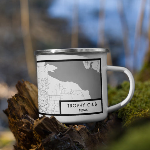 Right View Custom Trophy Club Texas Map Enamel Mug in Classic on Grass With Trees in Background