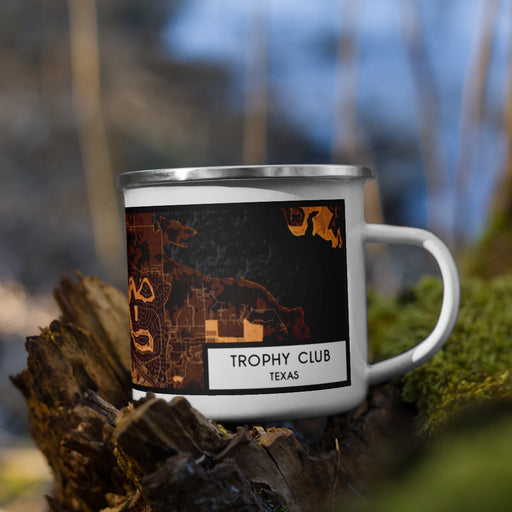 Right View Custom Trophy Club Texas Map Enamel Mug in Ember on Grass With Trees in Background