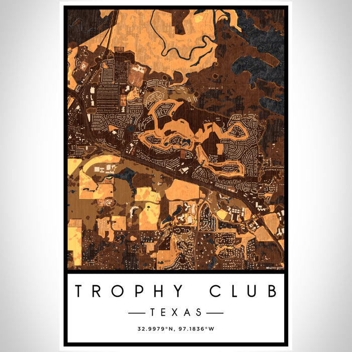 Trophy Club Texas Map Print Portrait Orientation in Ember Style With Shaded Background