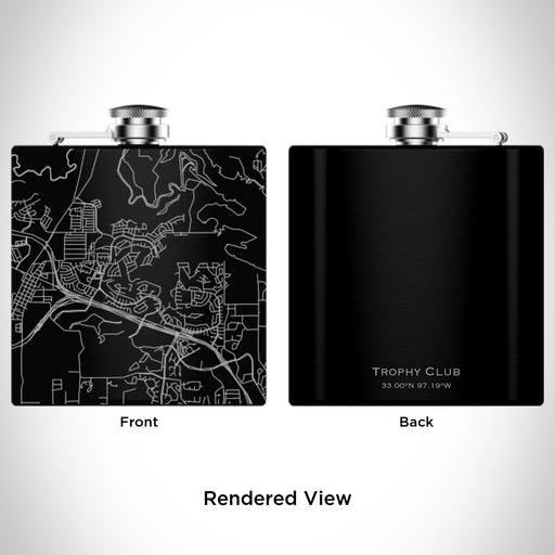 Rendered View of Trophy Club Texas Map Engraving on 6oz Stainless Steel Flask in Black