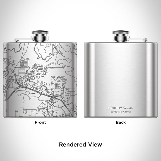 Rendered View of Trophy Club Texas Map Engraving on 6oz Stainless Steel Flask