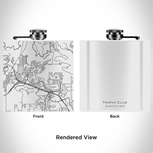 Rendered View of Trophy Club Texas Map Engraving on 6oz Stainless Steel Flask in White