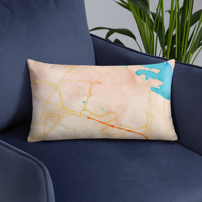 Custom Trophy Club Texas Map Throw Pillow in Watercolor on Blue Colored Chair