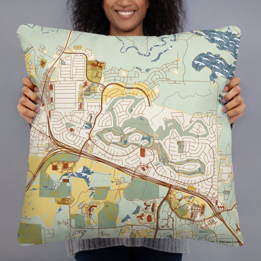 Person holding 22x22 Custom Trophy Club Texas Map Throw Pillow in Woodblock