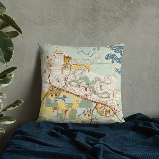 Custom Trophy Club Texas Map Throw Pillow in Woodblock on Bedding Against Wall