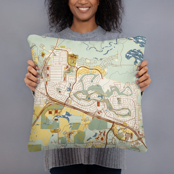 Person holding 18x18 Custom Trophy Club Texas Map Throw Pillow in Woodblock