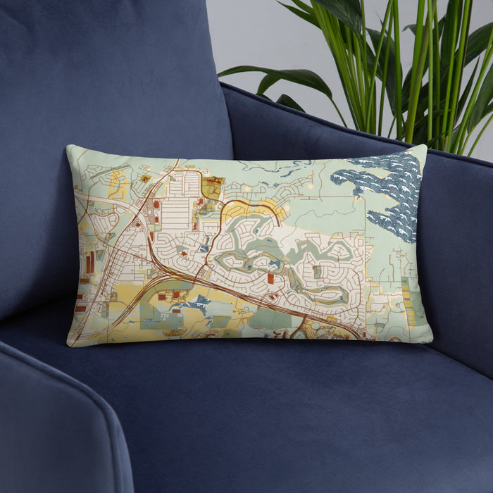 Custom Trophy Club Texas Map Throw Pillow in Woodblock on Blue Colored Chair