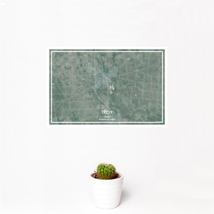 12x18 Troy Ohio Map Print Landscape Orientation in Afternoon Style With Small Cactus Plant in White Planter