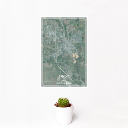 12x18 Troy Ohio Map Print Portrait Orientation in Afternoon Style With Small Cactus Plant in White Planter