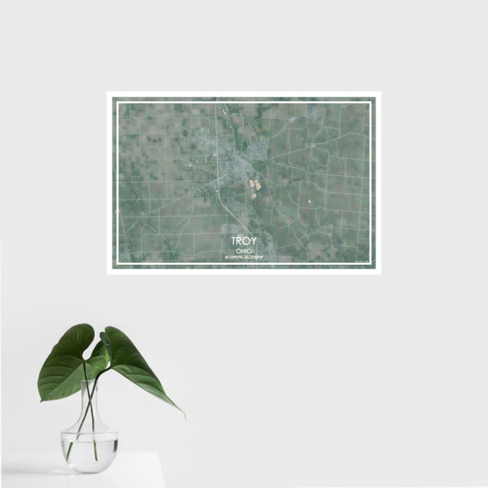 16x24 Troy Ohio Map Print Landscape Orientation in Afternoon Style With Tropical Plant Leaves in Water