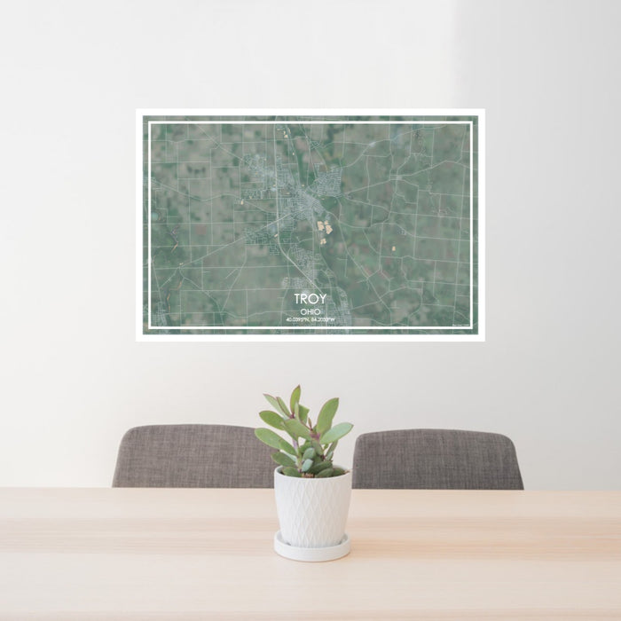 24x36 Troy Ohio Map Print Lanscape Orientation in Afternoon Style Behind 2 Chairs Table and Potted Plant