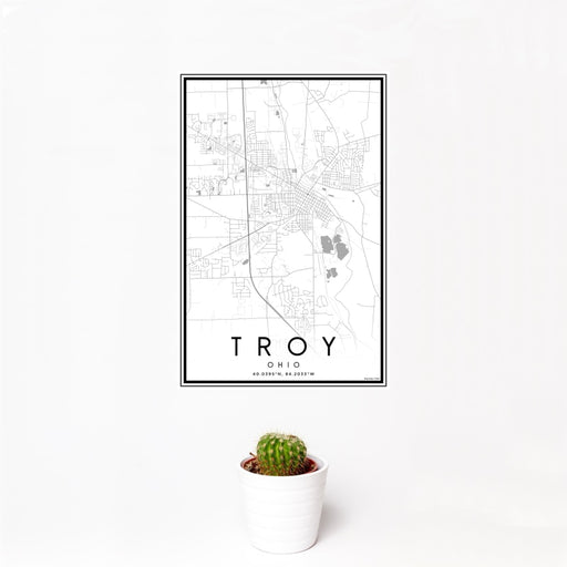 12x18 Troy Ohio Map Print Portrait Orientation in Classic Style With Small Cactus Plant in White Planter