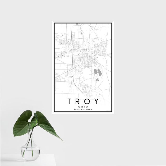 16x24 Troy Ohio Map Print Portrait Orientation in Classic Style With Tropical Plant Leaves in Water