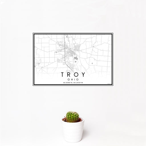 12x18 Troy Ohio Map Print Landscape Orientation in Classic Style With Small Cactus Plant in White Planter