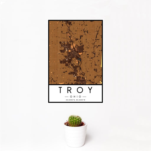 12x18 Troy Ohio Map Print Portrait Orientation in Ember Style With Small Cactus Plant in White Planter