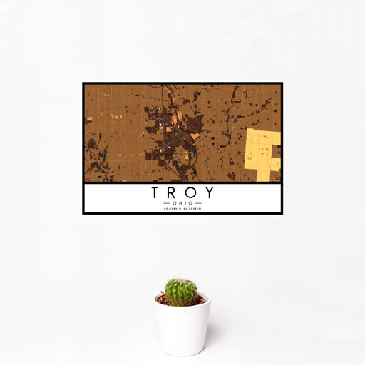12x18 Troy Ohio Map Print Landscape Orientation in Ember Style With Small Cactus Plant in White Planter