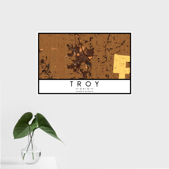 16x24 Troy Ohio Map Print Landscape Orientation in Ember Style With Tropical Plant Leaves in Water