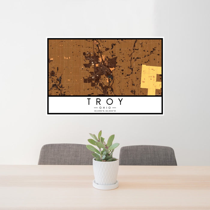24x36 Troy Ohio Map Print Landscape Orientation in Ember Style Behind 2 Chairs Table and Potted Plant