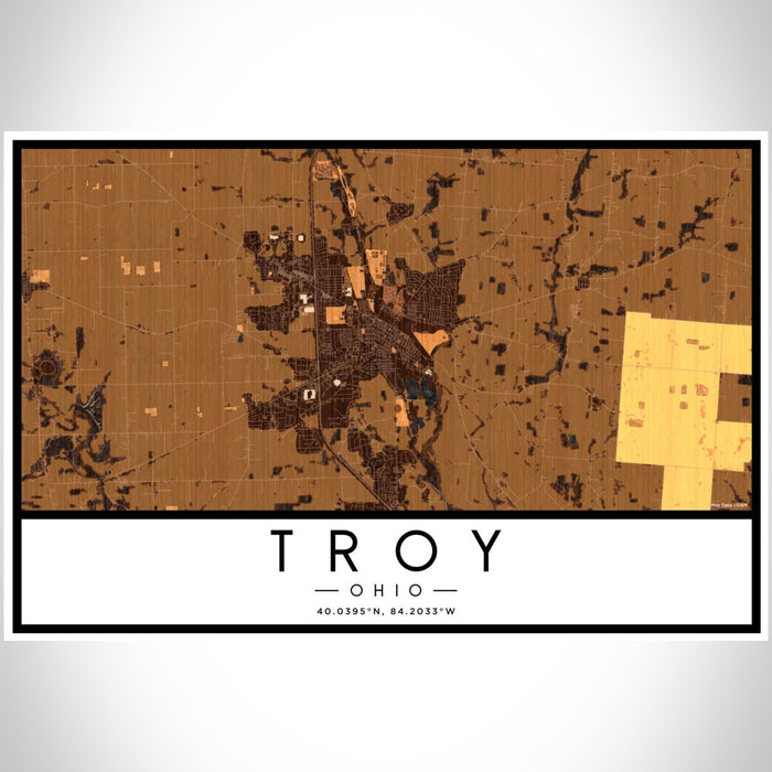 Troy Ohio Map Print Landscape Orientation in Ember Style With Shaded Background