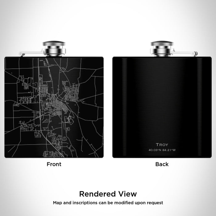 Rendered View of Troy Ohio Map Engraving on 6oz Stainless Steel Flask in Black