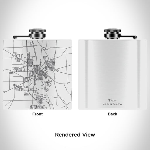 Rendered View of Troy Ohio Map Engraving on 6oz Stainless Steel Flask in White