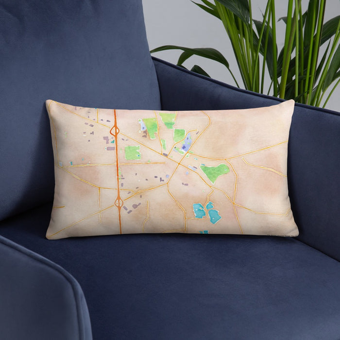 Custom Troy Ohio Map Throw Pillow in Watercolor on Blue Colored Chair