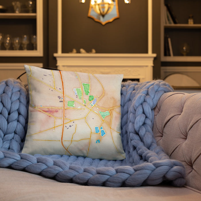 Custom Troy Ohio Map Throw Pillow in Watercolor on Cream Colored Couch