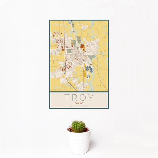 12x18 Troy Ohio Map Print Portrait Orientation in Woodblock Style With Small Cactus Plant in White Planter