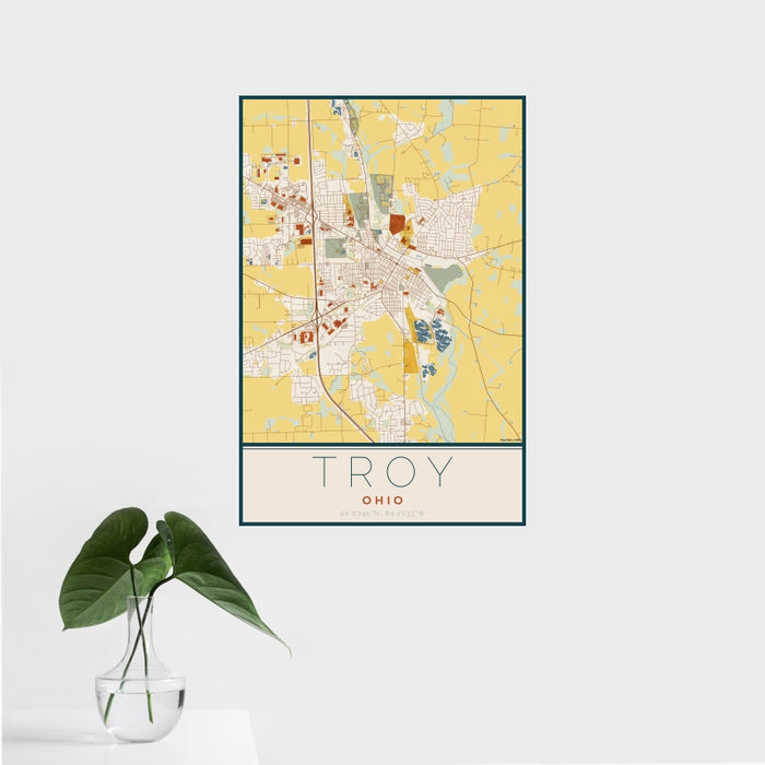 16x24 Troy Ohio Map Print Portrait Orientation in Woodblock Style With Tropical Plant Leaves in Water
