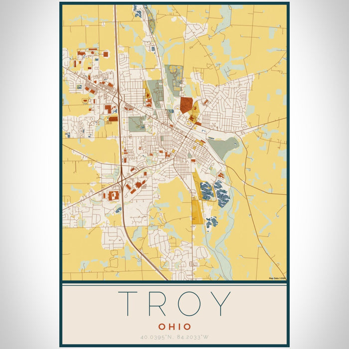 Troy Ohio Map Print Portrait Orientation in Woodblock Style With Shaded Background