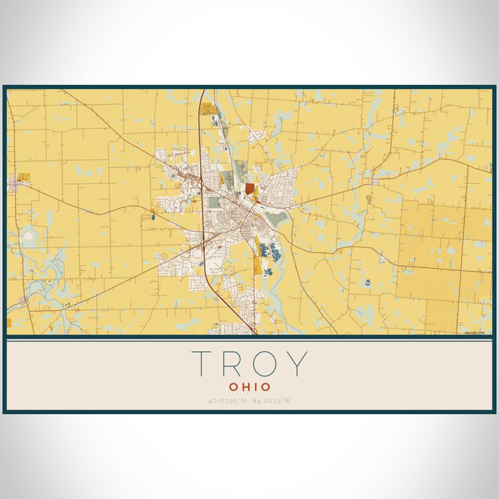 Troy Ohio Map Print Landscape Orientation in Woodblock Style With Shaded Background