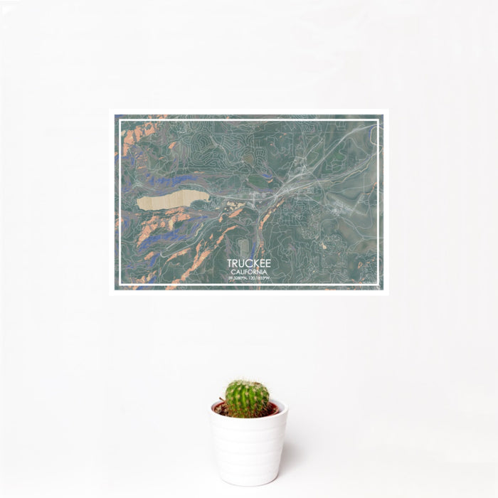 12x18 Truckee California Map Print Landscape Orientation in Afternoon Style With Small Cactus Plant in White Planter