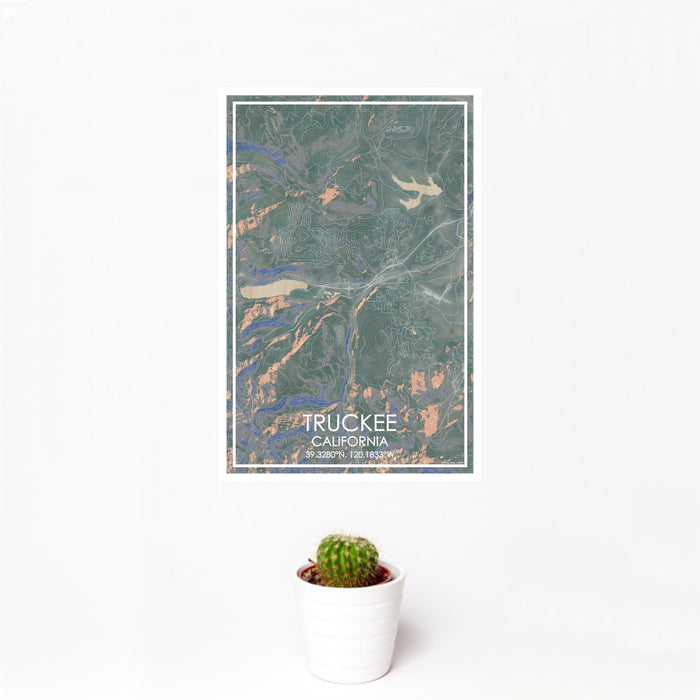 12x18 Truckee California Map Print Portrait Orientation in Afternoon Style With Small Cactus Plant in White Planter