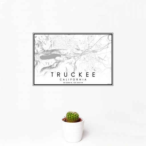 12x18 Truckee California Map Print Landscape Orientation in Classic Style With Small Cactus Plant in White Planter