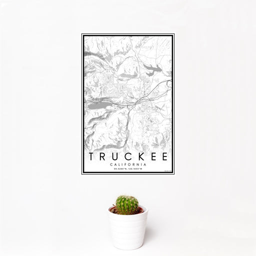 12x18 Truckee California Map Print Portrait Orientation in Classic Style With Small Cactus Plant in White Planter