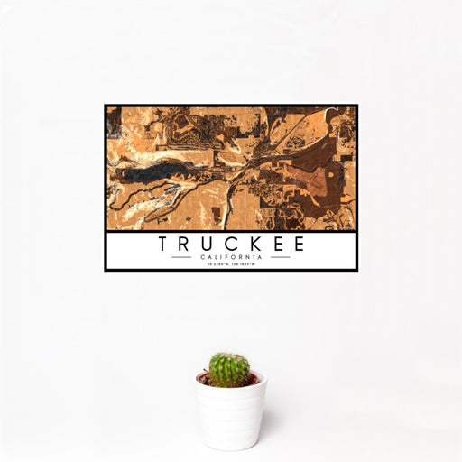 12x18 Truckee California Map Print Landscape Orientation in Ember Style With Small Cactus Plant in White Planter