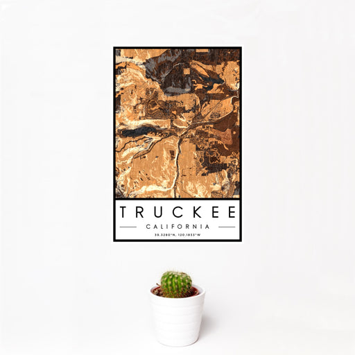 12x18 Truckee California Map Print Portrait Orientation in Ember Style With Small Cactus Plant in White Planter