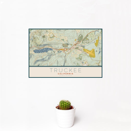 12x18 Truckee California Map Print Landscape Orientation in Woodblock Style With Small Cactus Plant in White Planter