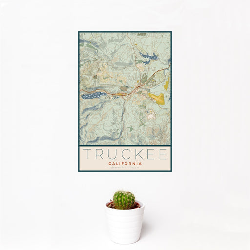 12x18 Truckee California Map Print Portrait Orientation in Woodblock Style With Small Cactus Plant in White Planter