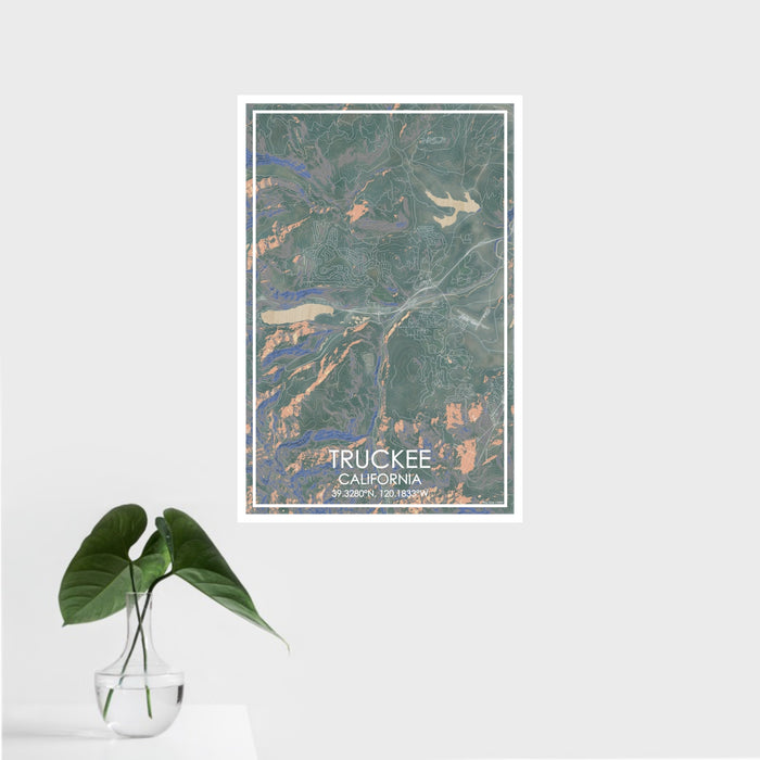 16x24 Truckee California Map Print Portrait Orientation in Afternoon Style With Tropical Plant Leaves in Water