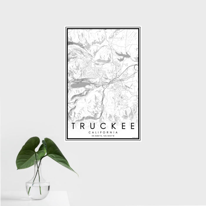 16x24 Truckee California Map Print Portrait Orientation in Classic Style With Tropical Plant Leaves in Water