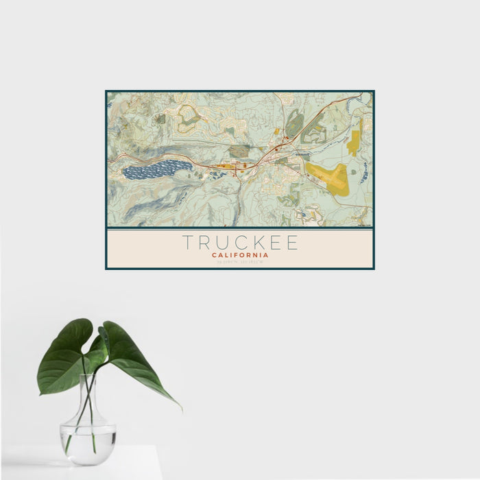 16x24 Truckee California Map Print Landscape Orientation in Woodblock Style With Tropical Plant Leaves in Water